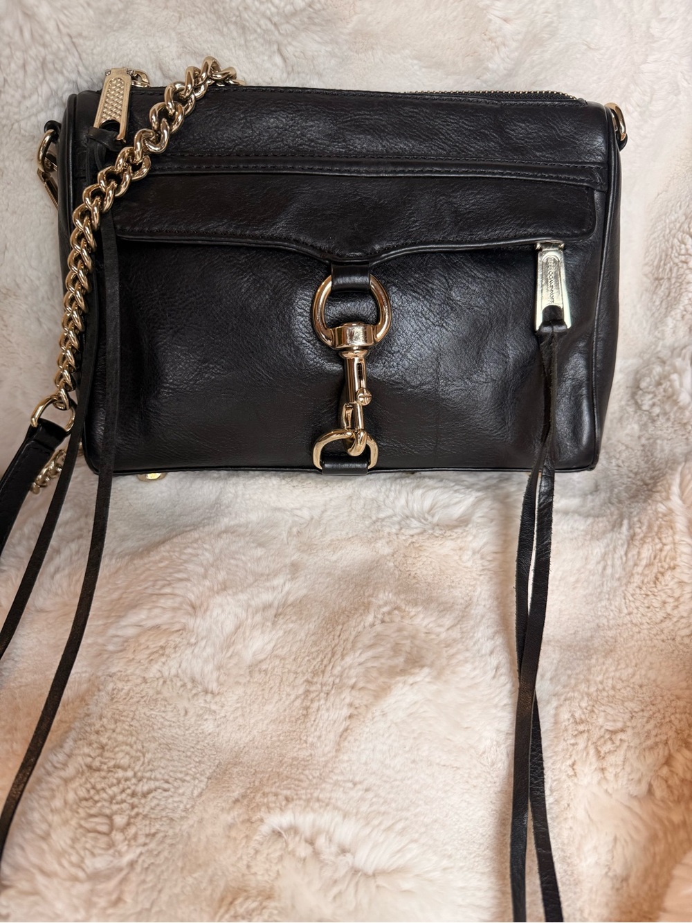 Rebecca Minkoff Black Leather Crossbody Bag | Gold Chain Strap